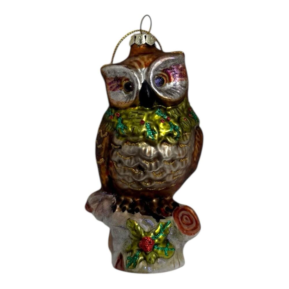 Hand Blown Rustic Owl‎ On Stump Glass Ornament 5" Tall Brown Light Shimmer EUC